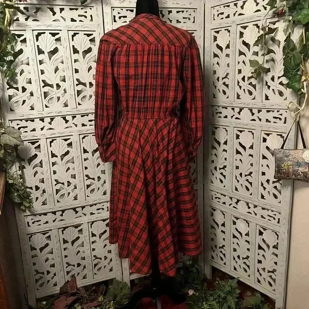 VINTAGE LESLIE FAY EXTRAORDINARY RED PLAID FIT FLARE LONG SLEEVE MIDI DRESS L